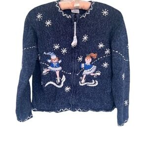 Vintage Y2K Tiara Girls Ugly Christmas Sweater Size 12-14 Blue Zip Winter